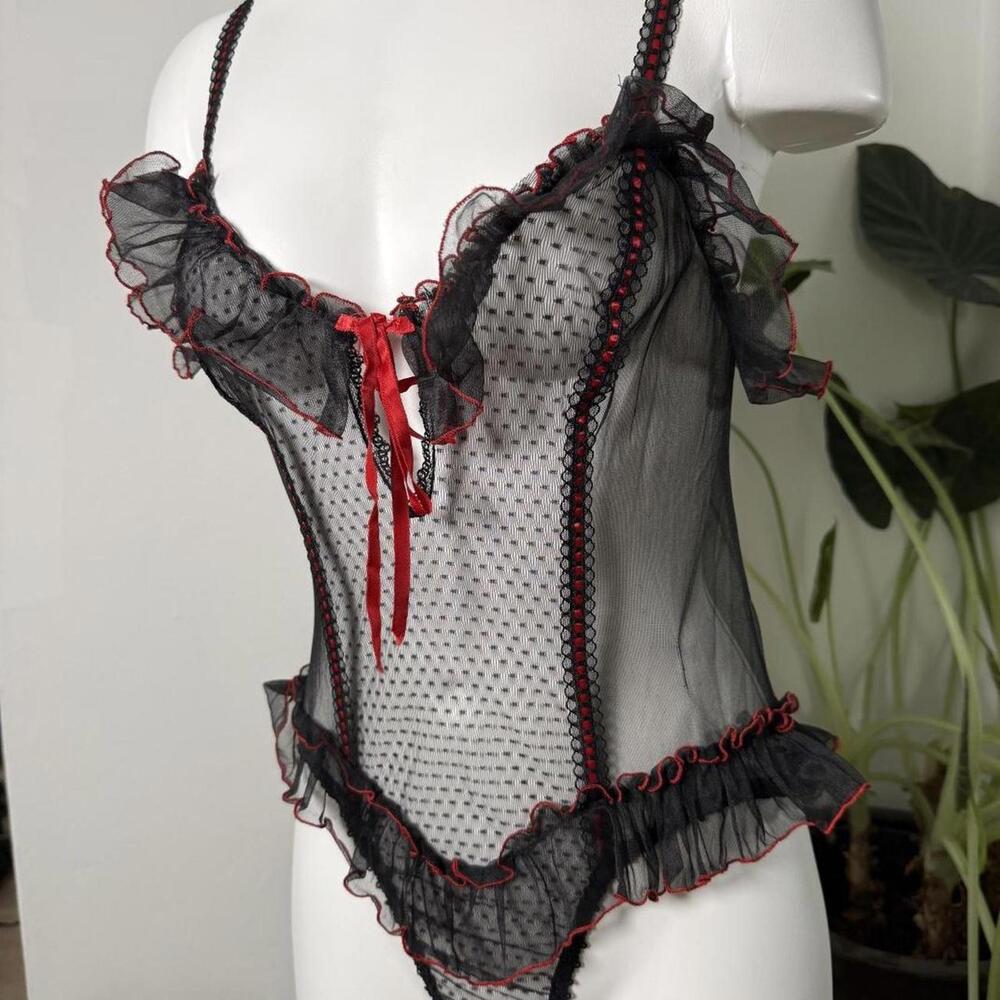 Black & red polka dot mesh lingerie top with ruffles and bow detail - Picture 2 of 3